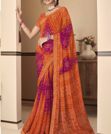 Buy Bandhani Printed Chiffon Saree with Attached Border, Jari, and Tassels Online in Best Quality - dvz0003809