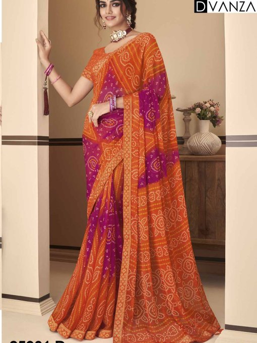 Buy Bandhani Printed Chiffon Saree with Attached Border, Jari, and Tassels Online in Best Quality - dvz0003809