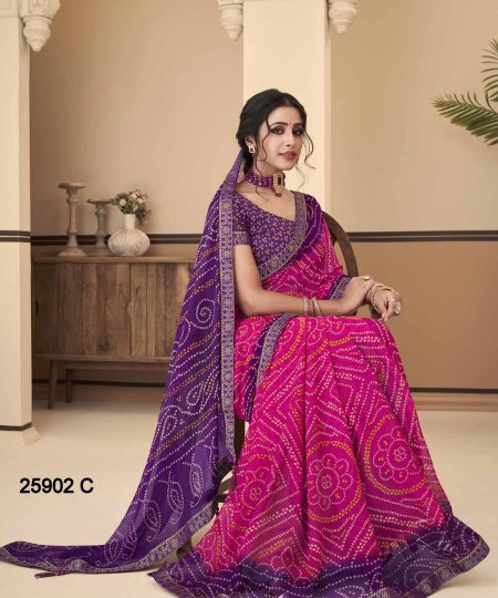 Buy Bandhani Printed Chiffon Saree with Attached Border, Jari, and Tassels Online in Best Quality - dvz0003810