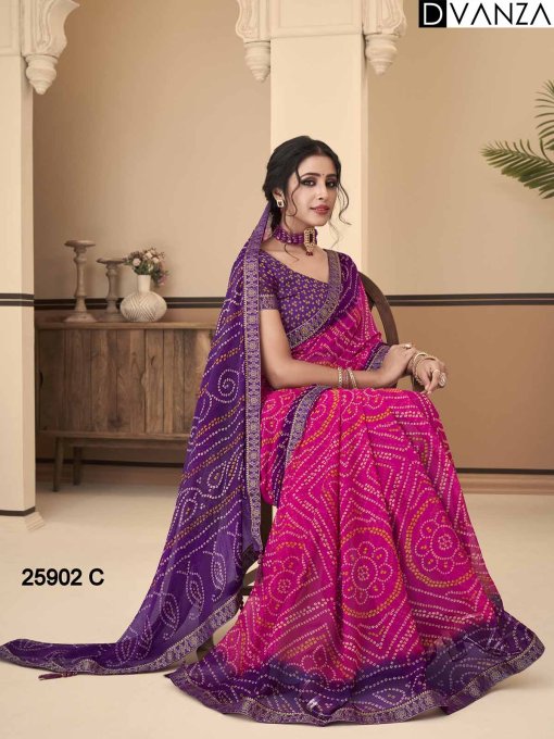 Buy Bandhani Printed Chiffon Saree with Attached Border, Jari, and Tassels Online in Best Quality - dvz0003810