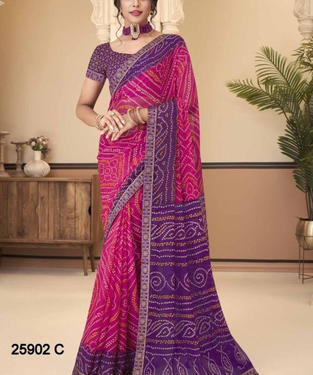 Buy Bandhani Printed Chiffon Saree with Attached Border, Jari, and Tassels Online in Best Quality - dvz0003810