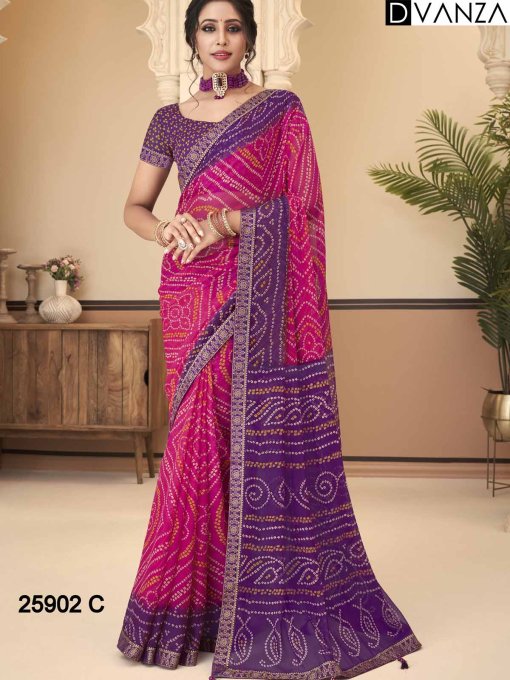 Buy Bandhani Printed Chiffon Saree with Attached Border, Jari, and Tassels Online in Best Quality - dvz0003810