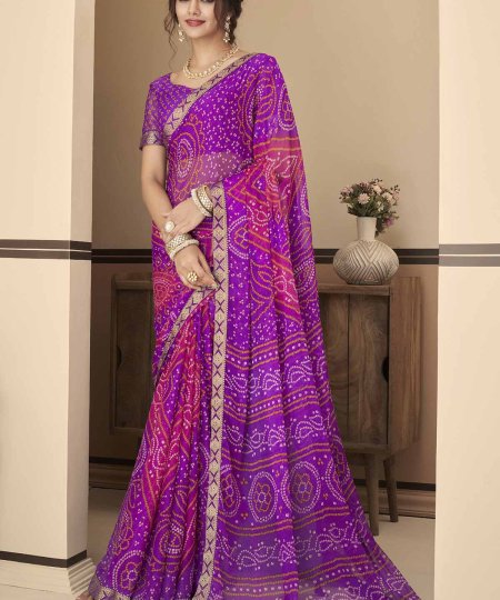 Buy Bandhani Printed Chiffon Saree with Attached Border, Jari, and Tassels Online in Best Quality - dvz0003811