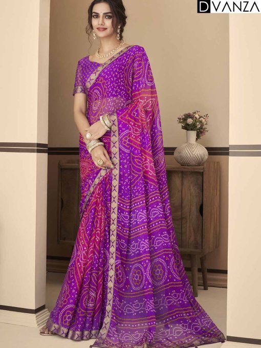 Buy Bandhani Printed Chiffon Saree with Attached Border, Jari, and Tassels Online in Best Quality - dvz0003811