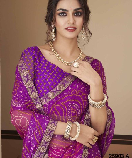 Buy Bandhani Printed Chiffon Saree with Attached Border, Jari, and Tassels Online in Best Quality - dvz0003811