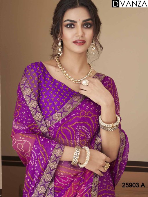 Buy Bandhani Printed Chiffon Saree with Attached Border, Jari, and Tassels Online in Best Quality - dvz0003811