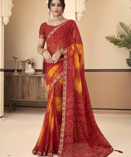 Buy Bandhani Printed Chiffon Saree with Attached Border, Jari, and Tassels Online in Best Quality - dvz0003812