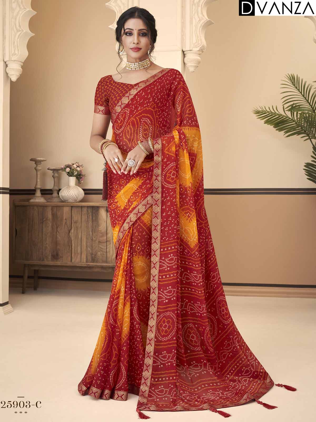 Buy Bandhani Printed Chiffon Saree with Attached Border, Jari, and Tassels Online in Best Quality - dvz0003812