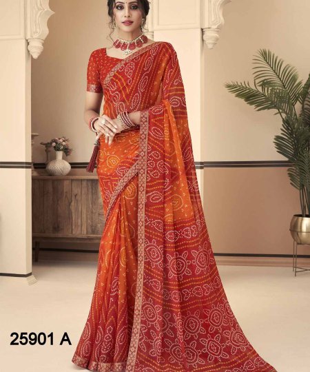 Buy Bandhani Printed Chiffon Saree with Attached Border, Jari, and Tassels Online in Best Quality - dvz0003813