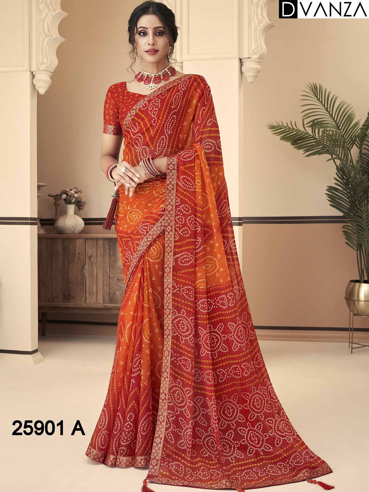 Buy Bandhani Printed Chiffon Saree with Attached Border, Jari, and Tassels Online in Best Quality - dvz0003813
