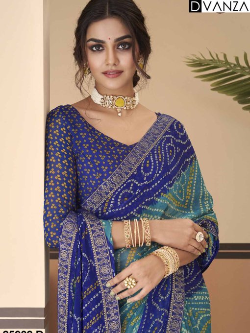 Buy Bandhani Printed Chiffon Saree with Attached Border, Jari, and Tassels Online in Best Quality - dvz0003814