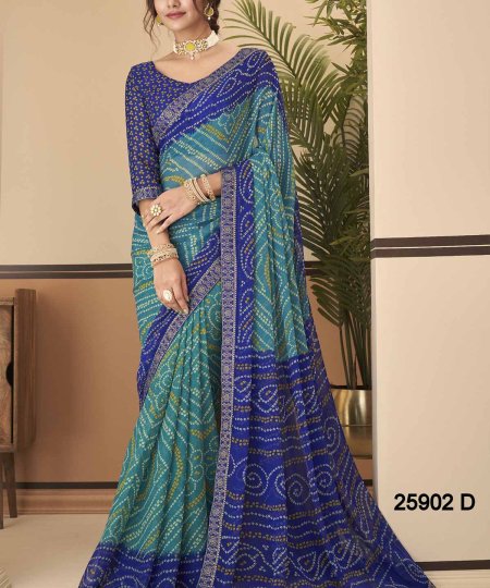 Buy Bandhani Printed Chiffon Saree with Attached Border, Jari, and Tassels Online in Best Quality - dvz0003814