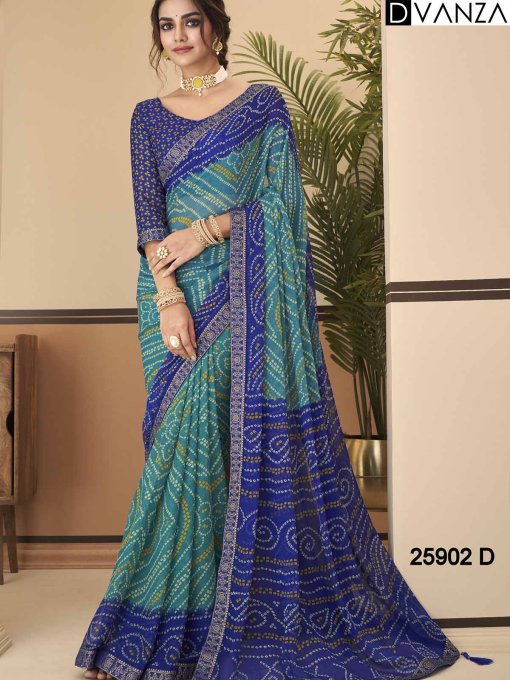 Buy Bandhani Printed Chiffon Saree with Attached Border, Jari, and Tassels Online in Best Quality - dvz0003814