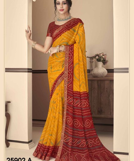 Buy Bandhani Printed Chiffon Saree with Attached Border, Jari, and Tassels Online in Best Quality - dvz0003815