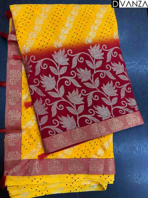 Beautiful Yellow and Red Georgette with Mills and Foil Prints & Lace border