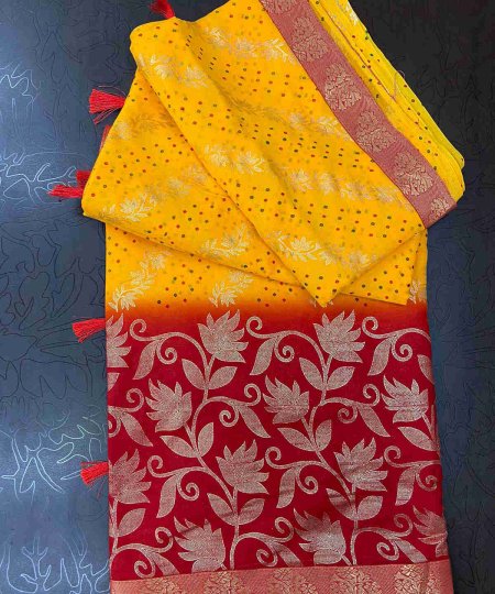 Beautiful Yellow and Red Georgette with Mills and Foil Prints & Lace border