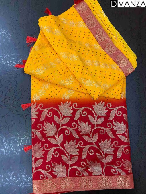 Beautiful Yellow and Red Georgette with Mills and Foil Prints & Lace border