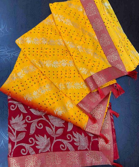 Beautiful Yellow and Red Georgette with Mills and Foil Prints & Lace border