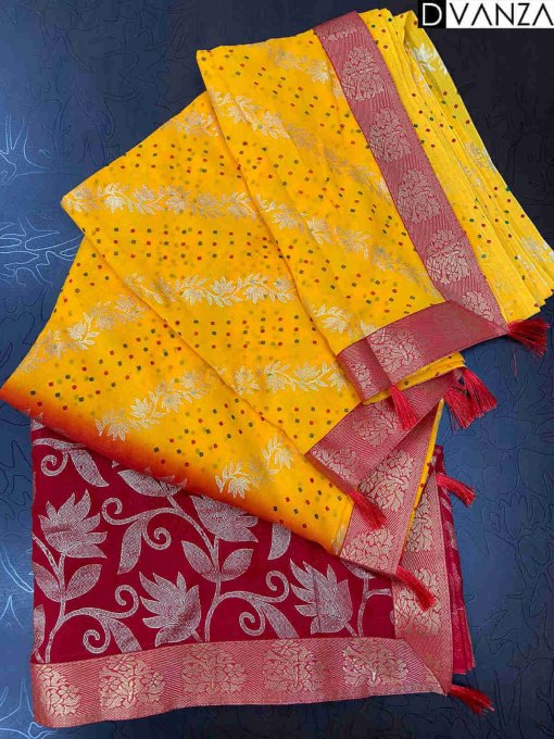 Beautiful Yellow and Red Georgette with Mills and Foil Prints & Lace border