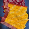 Beautiful Yellow and Red Georgette with Mills and Foil Prints & Lace border