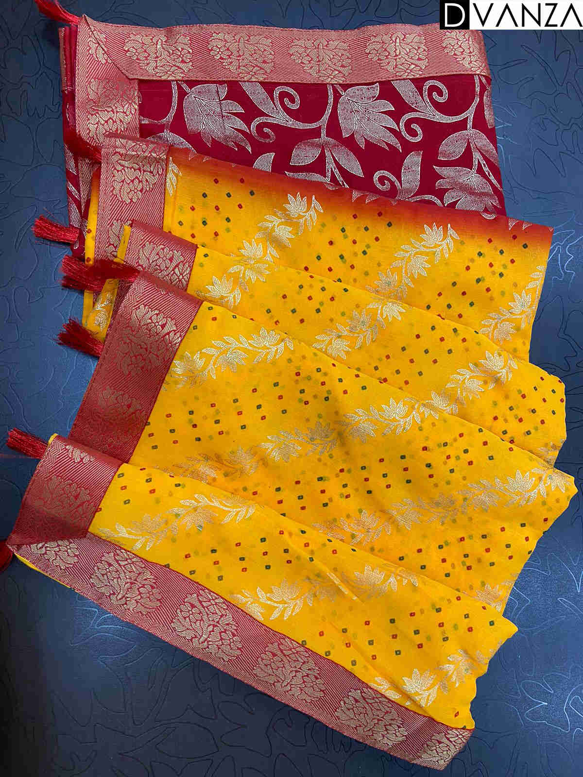 Beautiful Yellow and Red Georgette with Mills and Foil Prints & Lace border