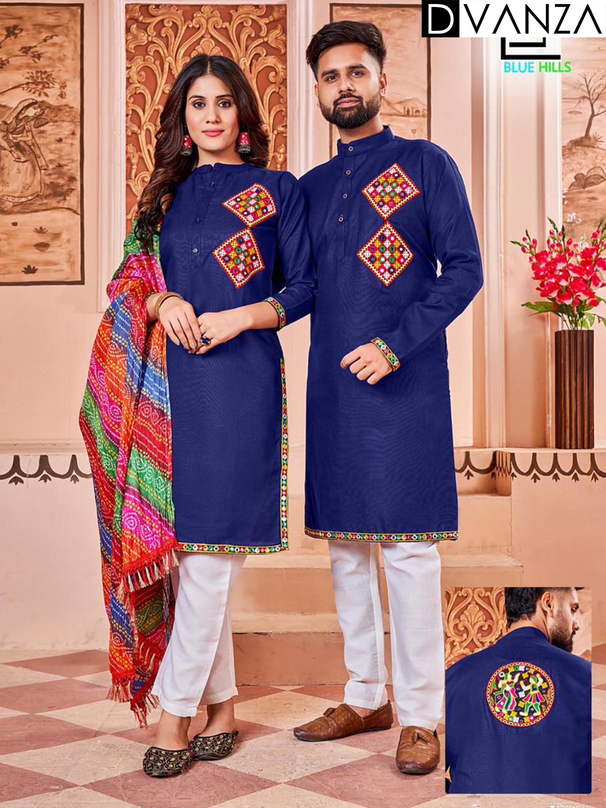 Celebrate Navratri in Style: Matching Embroidered Kurtas for Him & Her-blue