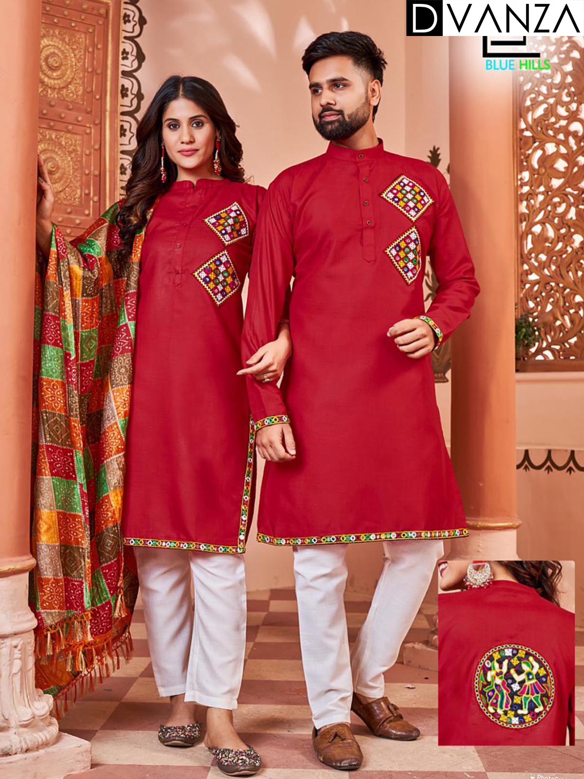 Celebrate Navratri in Style: Matching Embroidered Kurtas for Him & Her-red