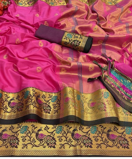 Cotton Silk Saree Golden multi peacock weaving border contrast blouse pink