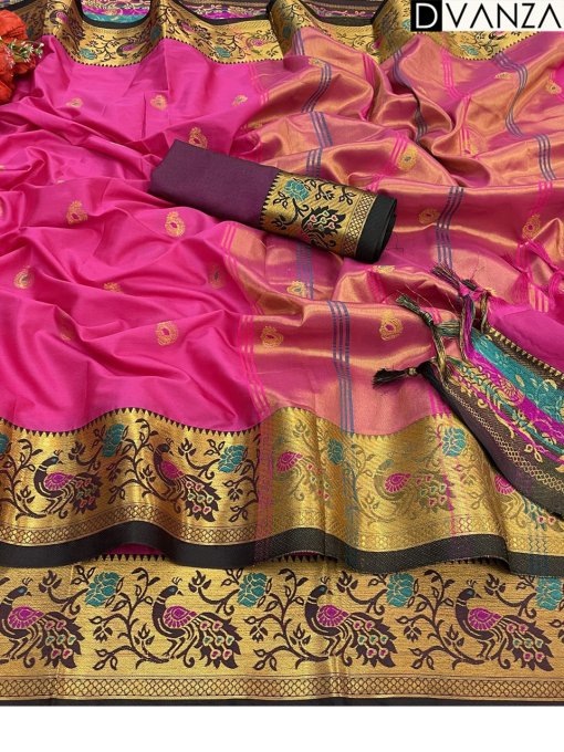 Cotton Silk Saree Golden multi peacock weaving border contrast blouse pink