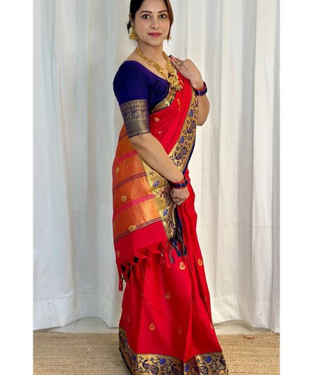 Cotton Silk Saree Golden multi peacock weaving border contrast blouse red