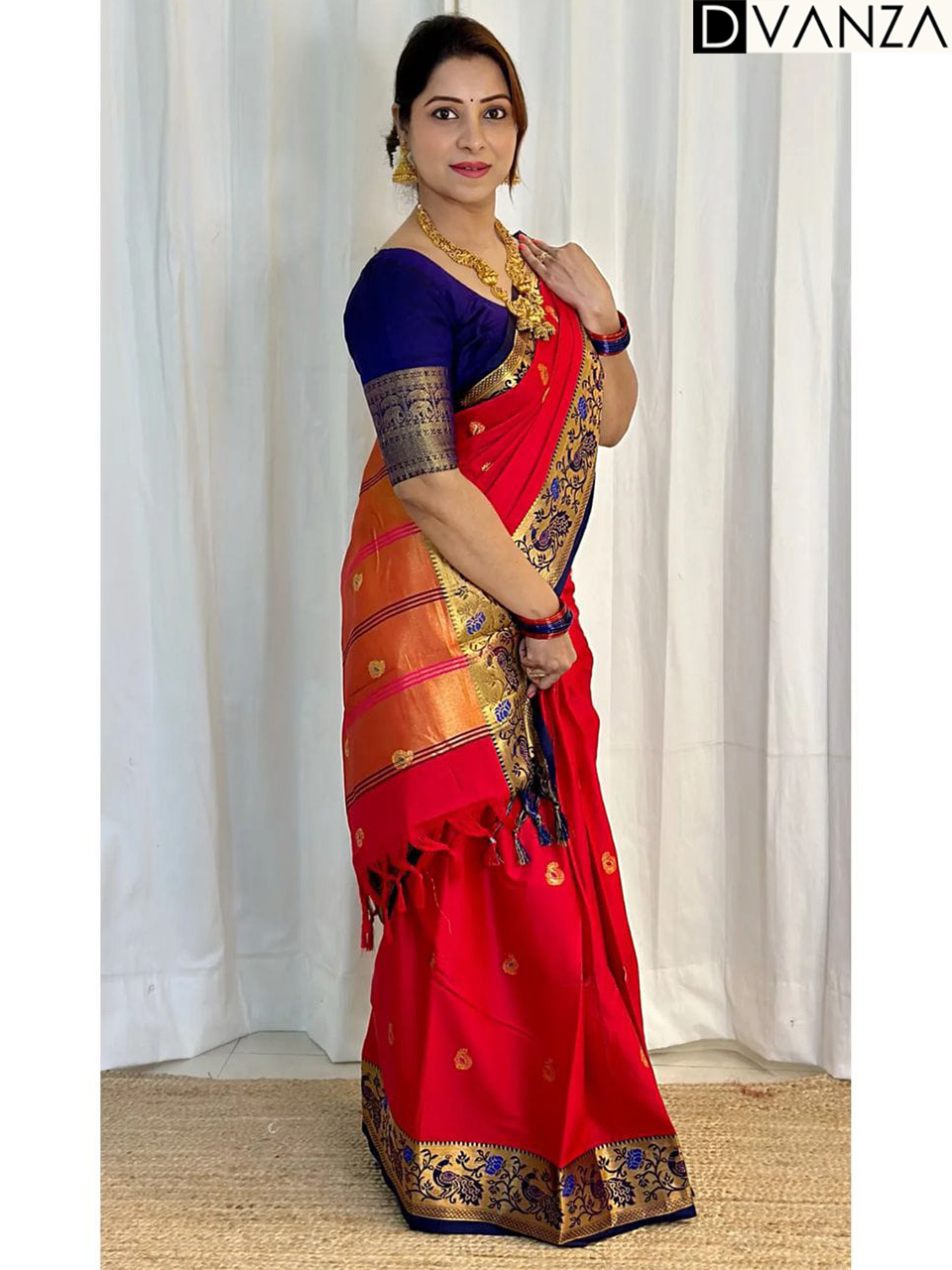 Cotton Silk Saree Golden multi peacock weaving border contrast blouse red