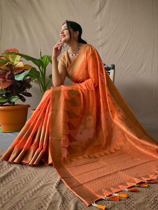 ORange Cotton Slub Sarees with Copper Zari Temple Weaving Border - dvz0003203-1