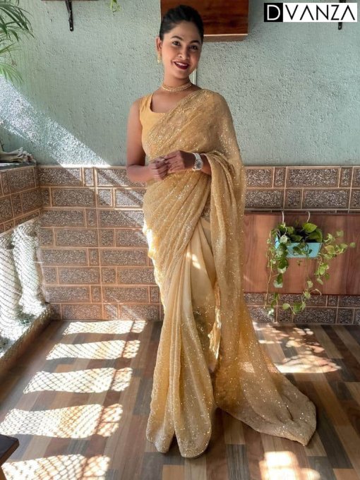 cream Sequinence Georgette Saree dvz0003556