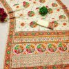 Cream Kashmiri Pashmina Silk Saree with intricate Meena weaving and elegant tassels.
