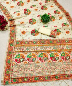 Cream Kashmiri Pashmina Silk Saree with intricate Meena weaving and elegant tassels.