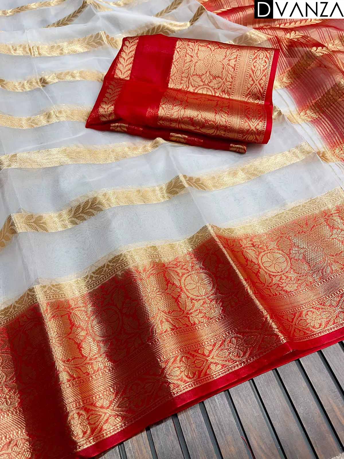 Durga Puja Special Red and White Gold Kora Silk Organza Saree - dvz0003826