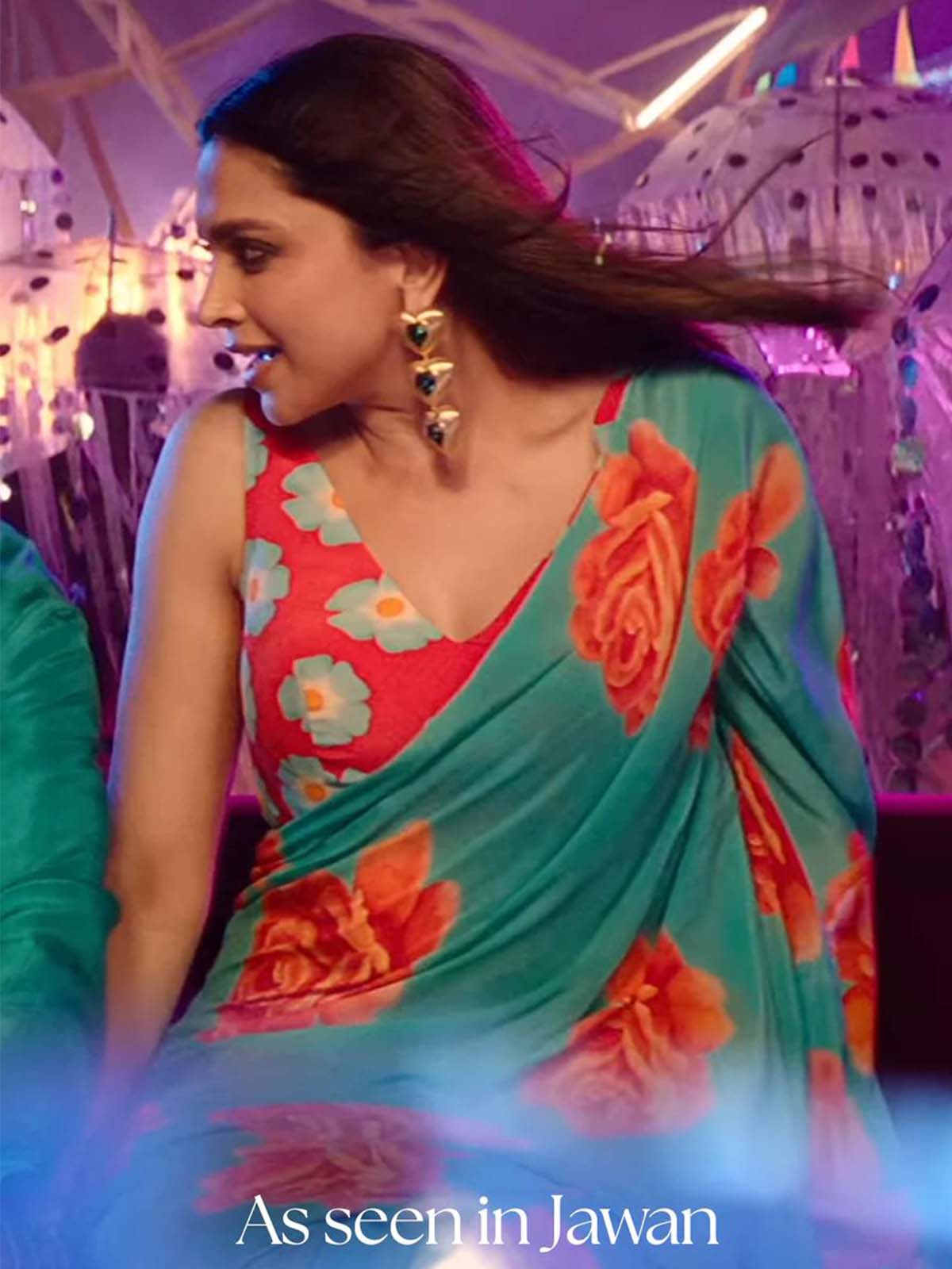 Deepika Jawaan Movie-Inspired Green Saree with Matching Red Floral Blouse - dvz0003824