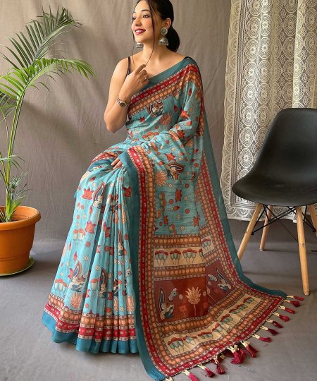 Discover Pure Malai Cotton Sarees with Kalamkari Prints and Tassel-Adorned Pallus- dvz0003882