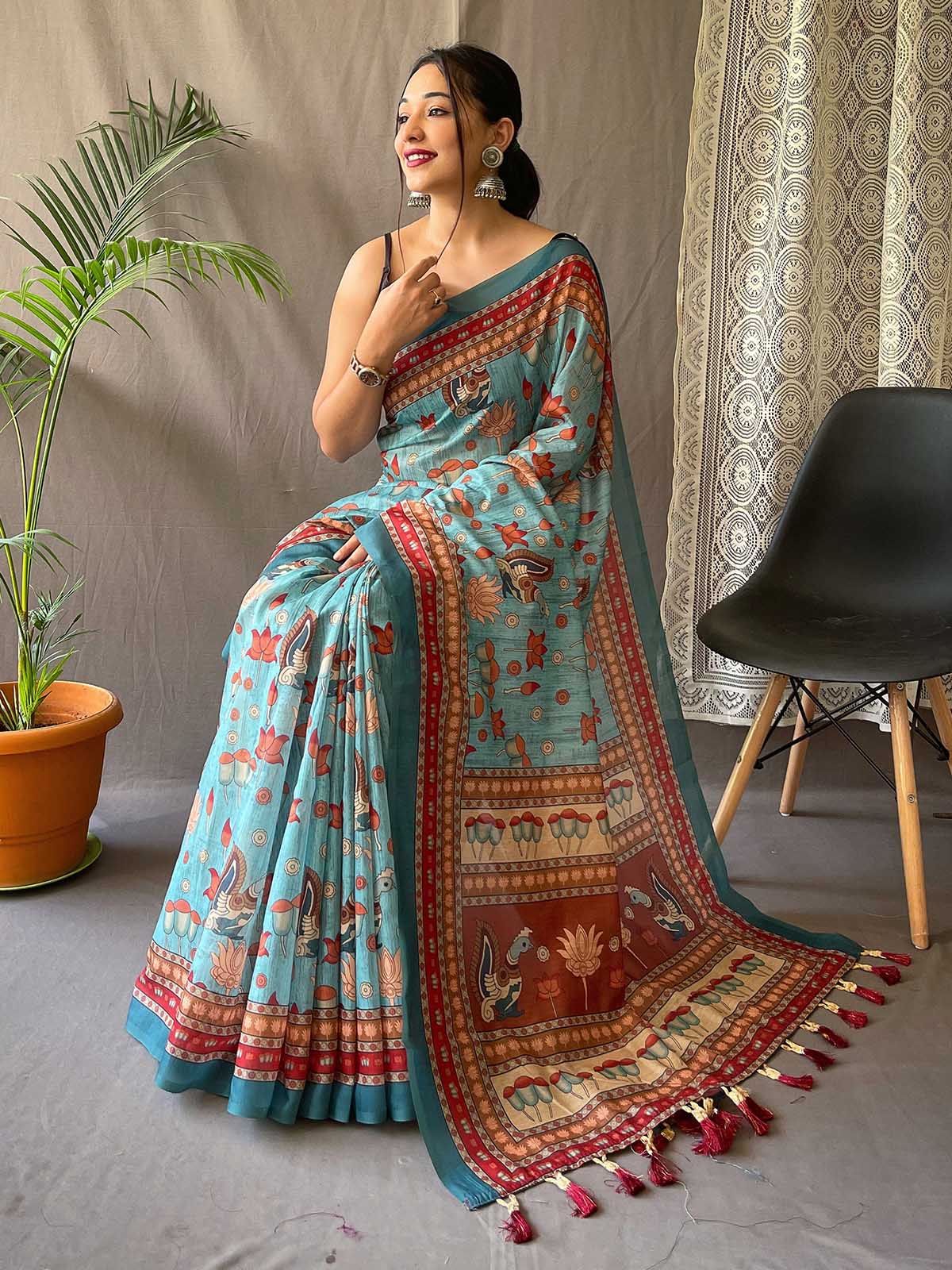 Discover Pure Malai Cotton Sarees with Kalamkari Prints and Tassel-Adorned Pallus- dvz0003882