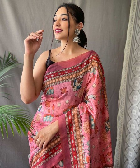 Discover Pure Malai Cotton Sarees with Kalamkari Prints and Tassel-Adorned Pallus- dvz0003882