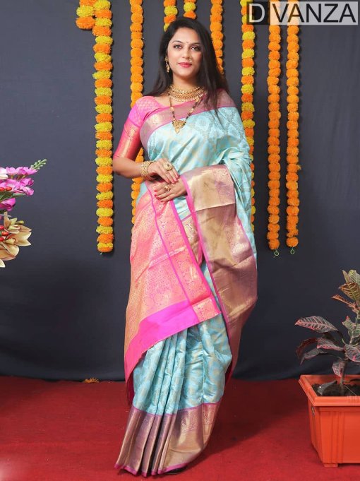 dvanza sky blue Kanchipuram Silk Traditional Saree dvz0003526