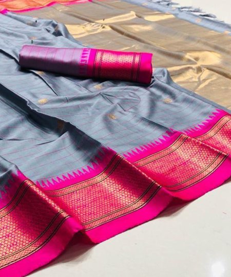 Elegant Cotton Silk Checks Sarees with Gold Weaving Border dvz0003741