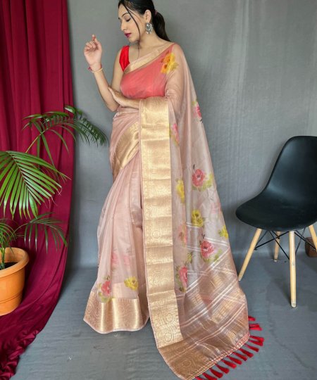 Elegant Pure Organza Silk Saree with Pichwai Print and Sequin Chitt Pallu - dvz0003874