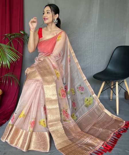 Elegant Pure Organza Silk Saree with Pichwai Print and Sequin Chitt Pallu - dvz0003874