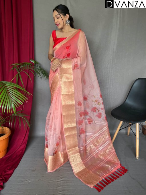 Elegant Pure Organza Silk Saree with Pichwai Print and Sequin Chitt Pallu - dvz0003874