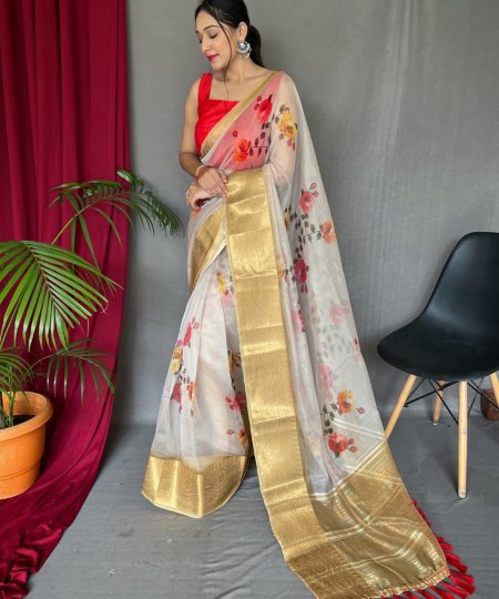 Elegant Pure Organza Silk Saree with Pichwai Print and Sequin Chitt Pallu - dvz0003874