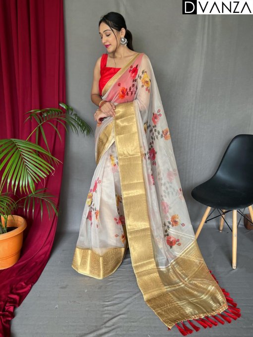 Elegant Pure Organza Silk Saree with Pichwai Print and Sequin Chitt Pallu - dvz0003874