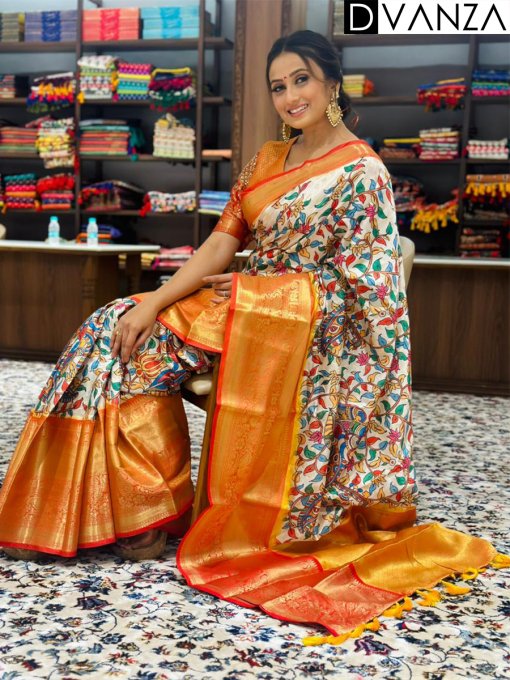 Elegant Soft Banarasi Silk Kalamkari Print Designer Party Wear Saree