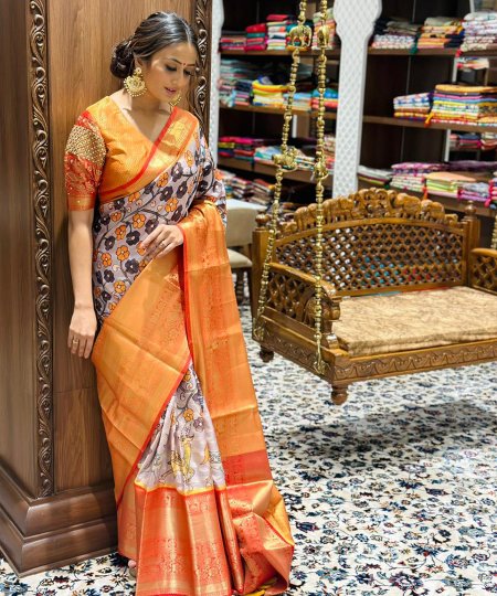 Elegant Soft Banarasi Silk Kalamkari Print Designer Party Wear Saree