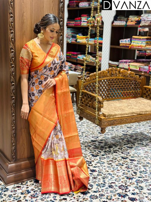 Elegant Soft Banarasi Silk Kalamkari Print Designer Party Wear Saree